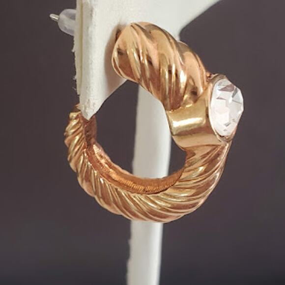 Swarovski‎ Gold Plated Hoop Earrings with Large Crystal Pierced Rope Design - Picture 2 of 6